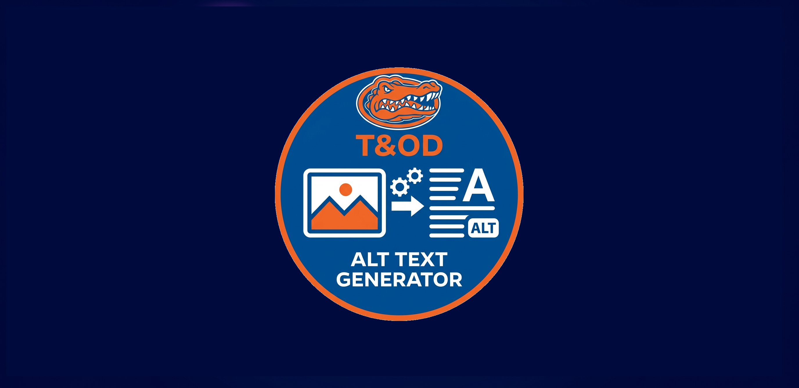 The T&OD Alt Text Generator badge — a UF Gators logo above an icon of an image being converted into alt text.