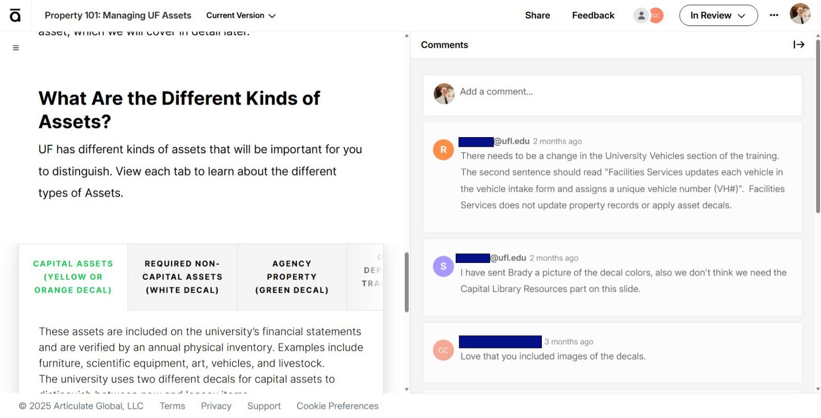 A Rise 360 lesson review page with feedback from SMEs.
