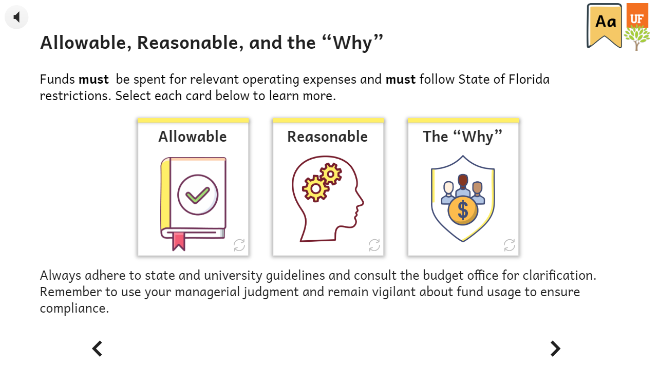 A course slide breaking purchases into Allowable, Reasonable, and the “Why.”