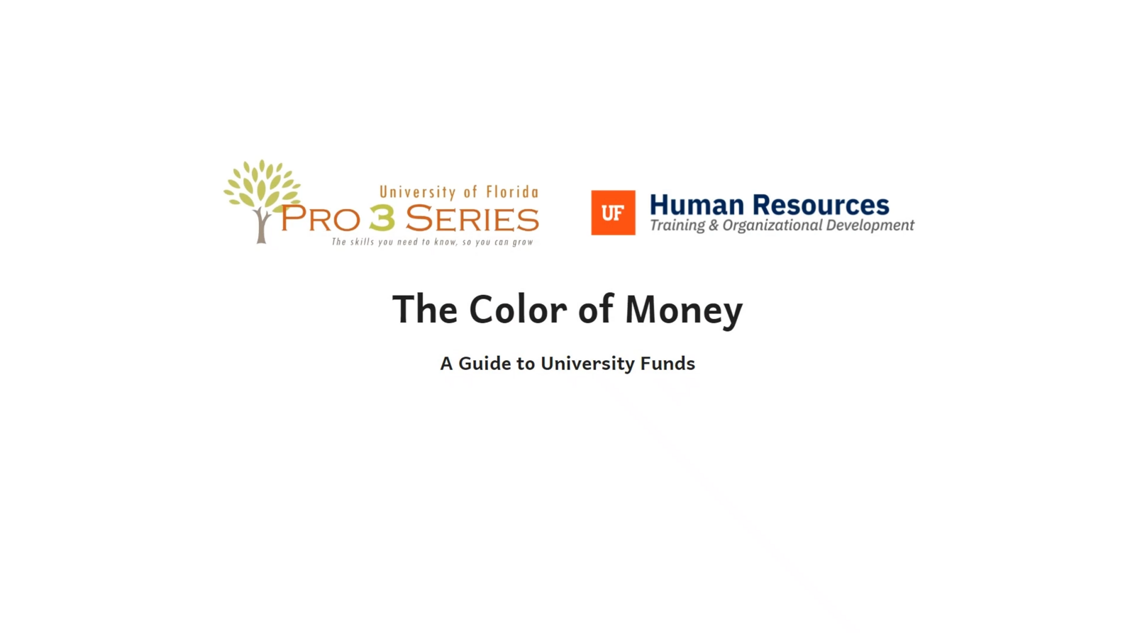 The PRO302 course title slide: The Color of Money: A Guide to University Funds.