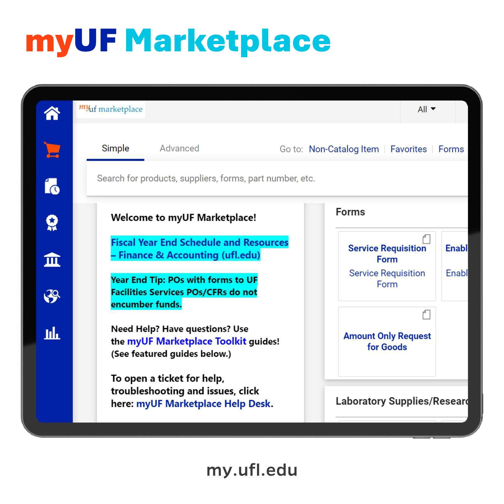 The myUF Marketplace purchasing interface shown in the course.
