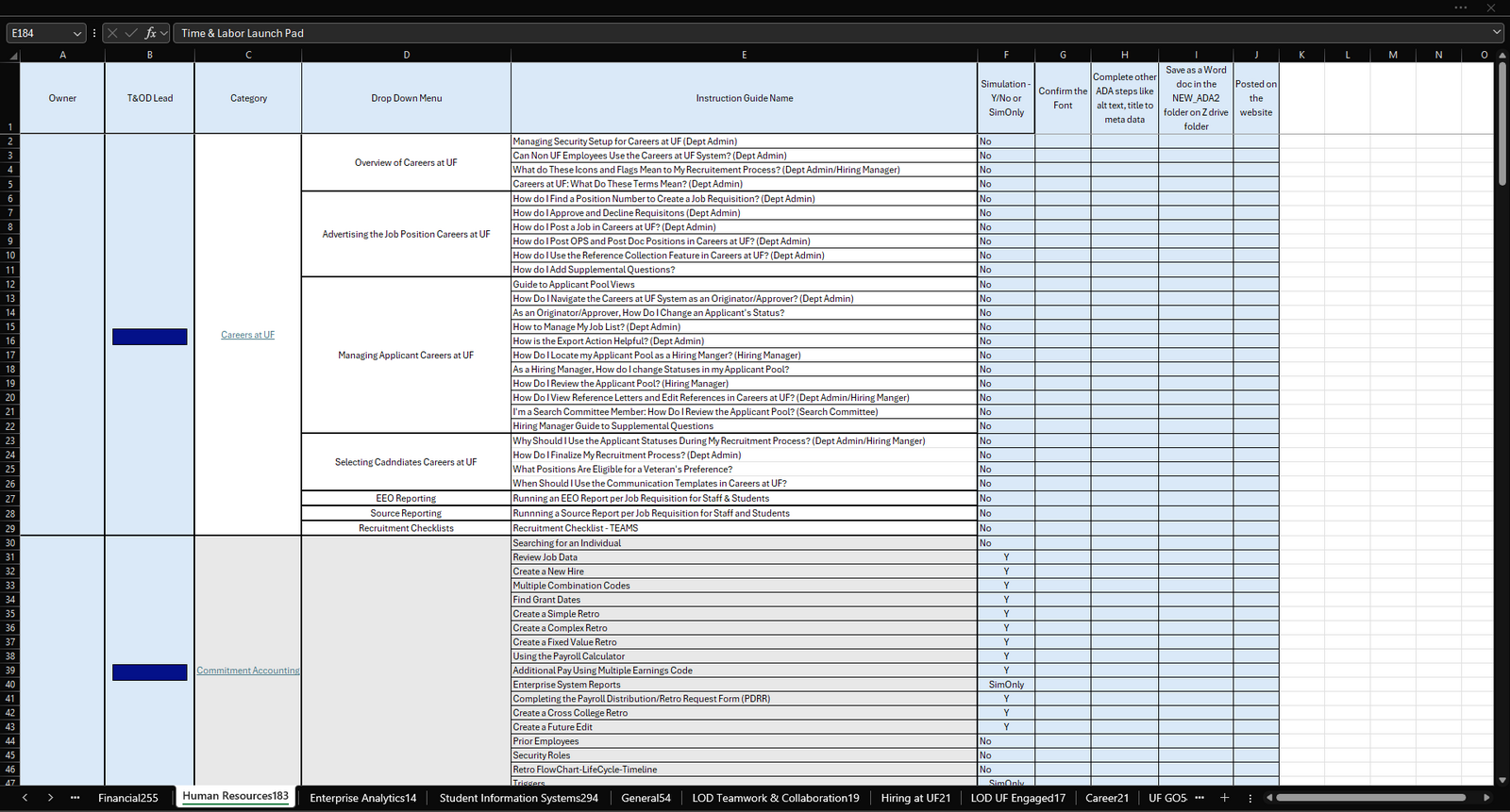 The conversion tracker spreadsheet listing guides with status columns.