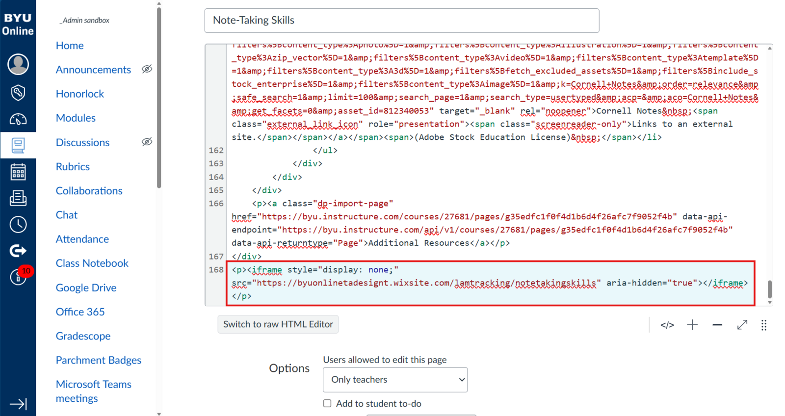 The Canvas rich-content editor with the Wix analytics embed code highlighted.